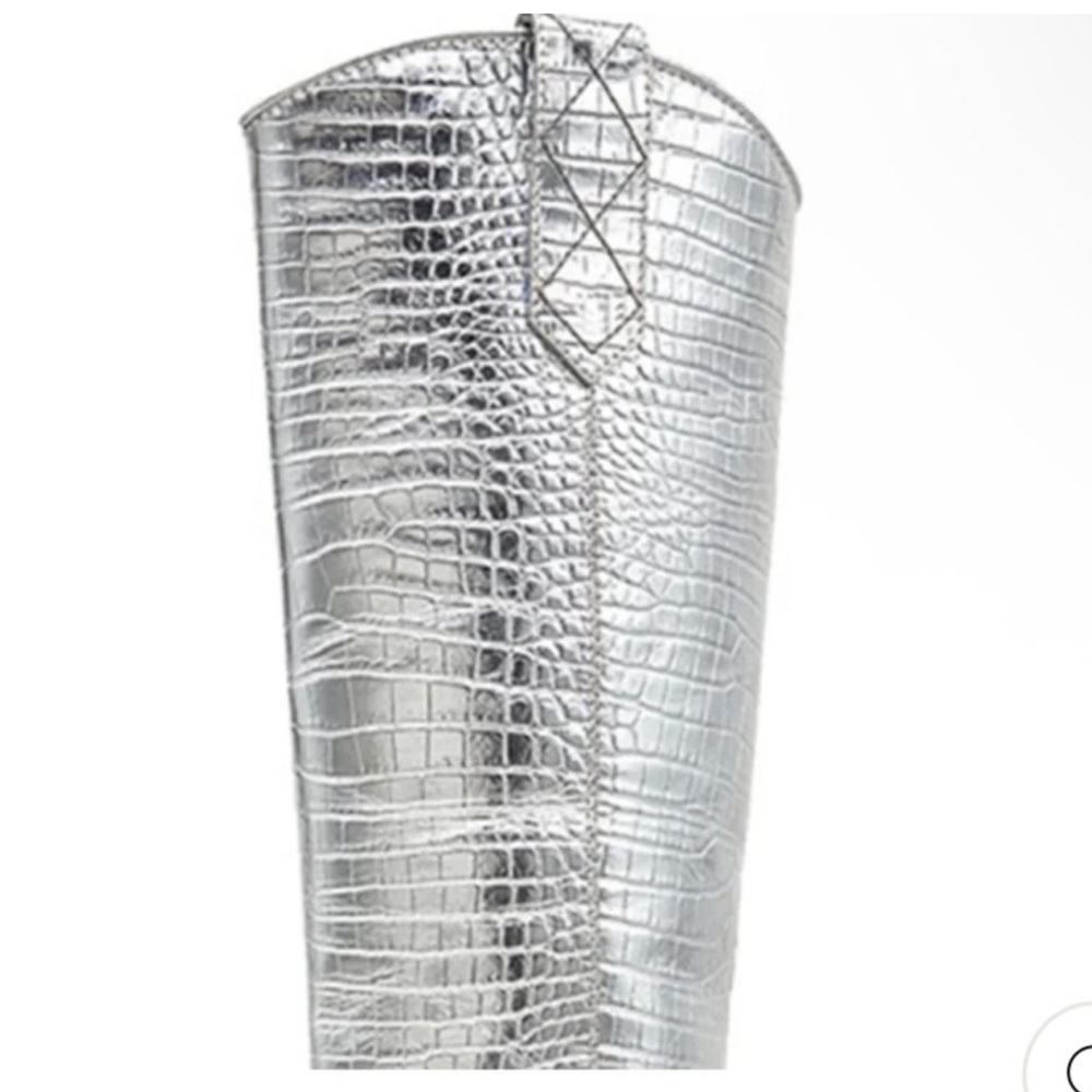 Silver Croc-Embossed Knee-High Boots - Picture 8 of 9